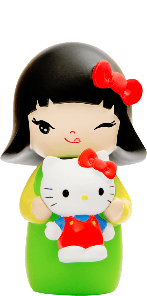 Aya Momiji doll with black hair, red bow, winking, and holding a Hello Kitty plush. Cute collectible character design. — Momiji Doll