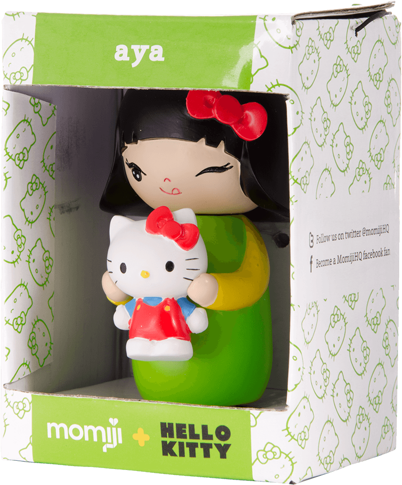 Aya, a Momiji doll featuring Hello Kitty, comes in a green and white Hello Kitty box with space for a secret message inside. — Momiji Doll