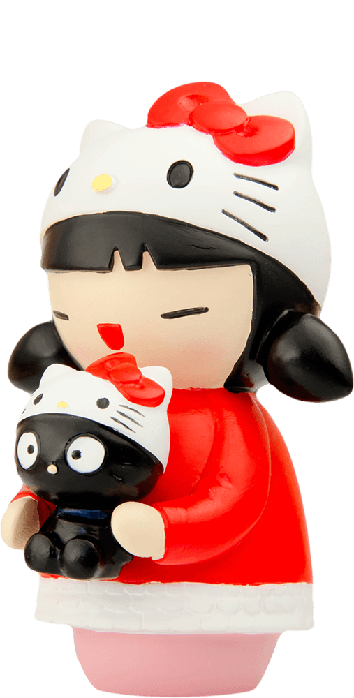 Momiji x Hello Kitty Anniversary Trio Momiji doll wears red, holds a black cat; collectible with secret message inside. — Momiji Doll