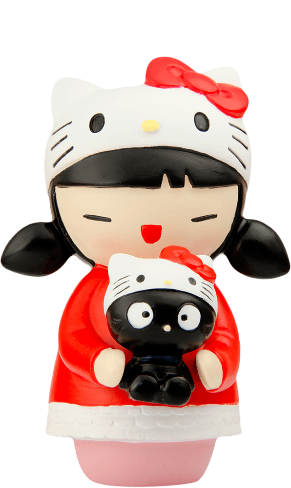 Momiji doll in red with a matching cat and Hello Kitty hats. Cute collectible inspired by Tokyo and Seoul street style. — Momiji Doll