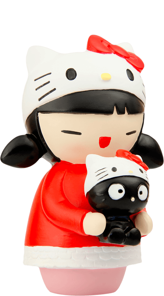Momiji doll wears a red dress and Hello Kitty hat, holding a black cat. Part of the Anniversary trio collaboration set. — Momiji Doll