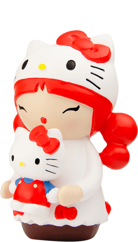 Momiji doll x Hello Kitty Anniversary trio: girl and Momiji doll both dressed as Hello Kitty, each with a red bow. — Momiji Doll