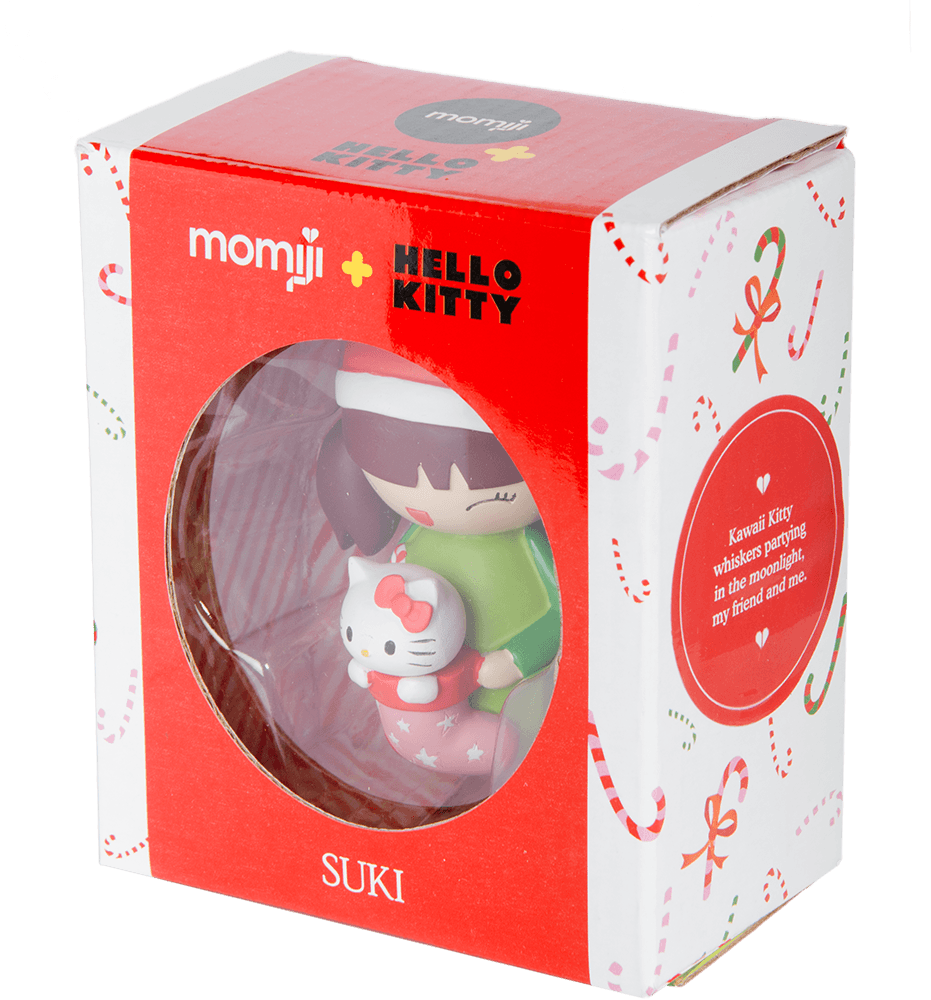 Suki Momiji doll in a red and white gift box with candy cane patterns, visible through a round window on the front. — Momiji Doll