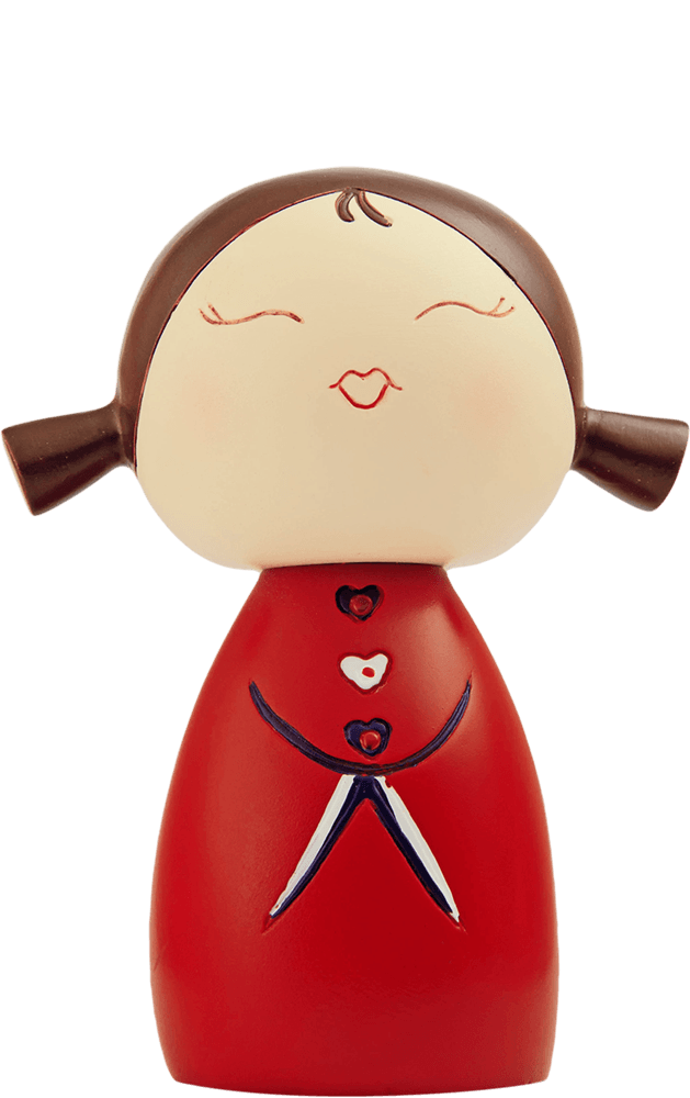 Valentine Momiji doll with pigtails, closed eyes, and a red dress decorated with heart-shaped buttons. — Momiji Doll