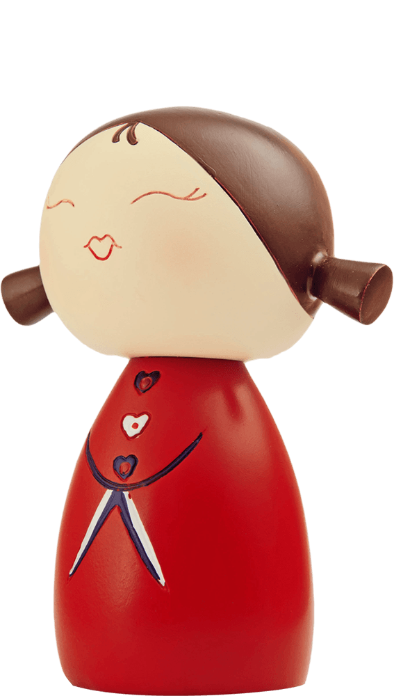 Valentine Momiji doll with brown hair, red dress, rosy cheeks, sweet smile; includes secret message—kawaii collectible character. — Momiji Doll