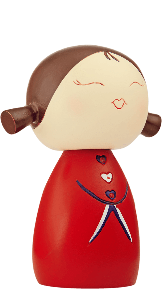 Momiji doll Valentine with a red dress, brown hair, closed eyes; kawaii collectible hiding a secret message inside. — Momiji Doll