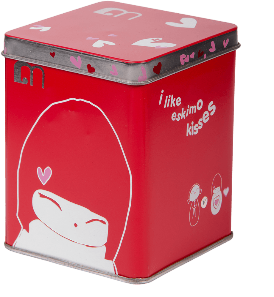 Valentine Momiji doll red tin, kawaii face, hearts, and "I like eskimo kisses" printed on top and side. Collectible character. — Momiji Doll