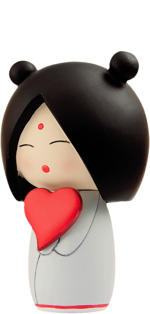 Love Momiji doll with black hair, peaceful smile, holding a big red heart. Designed by artists; includes space for secret message. — Momiji Doll