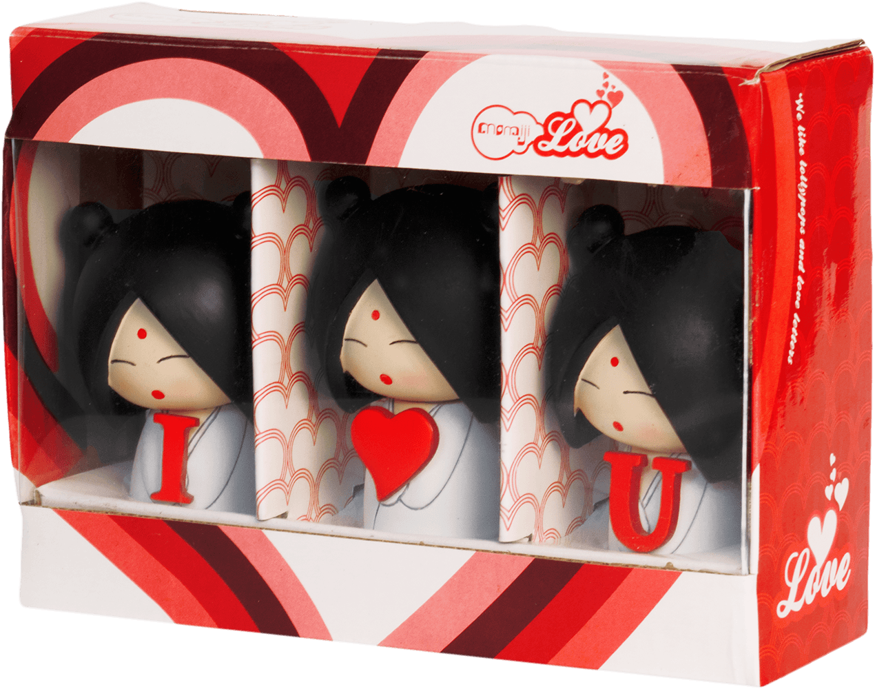I heart U Momiji doll set: 3 kawaii dolls, each holding I, ♥, or U. Heart-themed box. Secret message slot in every Momiji doll. — Momiji Doll