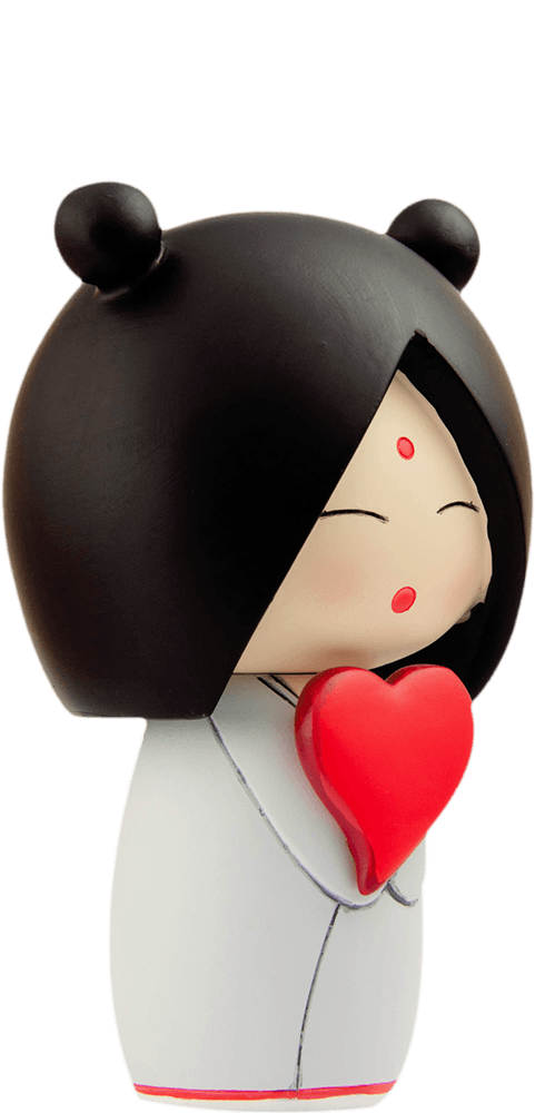 I heart U" Momiji doll with black hair, closed eyes, red heart, white outfit, and a red dot on her forehead. — Momiji Doll