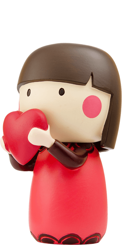Lillan Momiji doll with short dark hair, red dress, black accents, and holding a large red heart; kawaii collectible figurine. — Momiji Doll