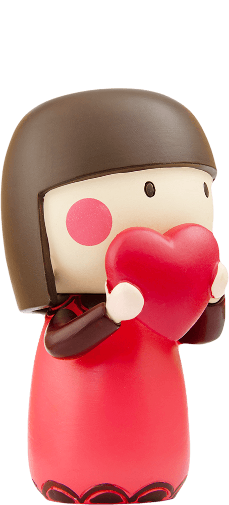 Lillan Momiji doll with short dark hair holds a red heart and wears a red and black outfit; super cute collectible gift. — Momiji Doll