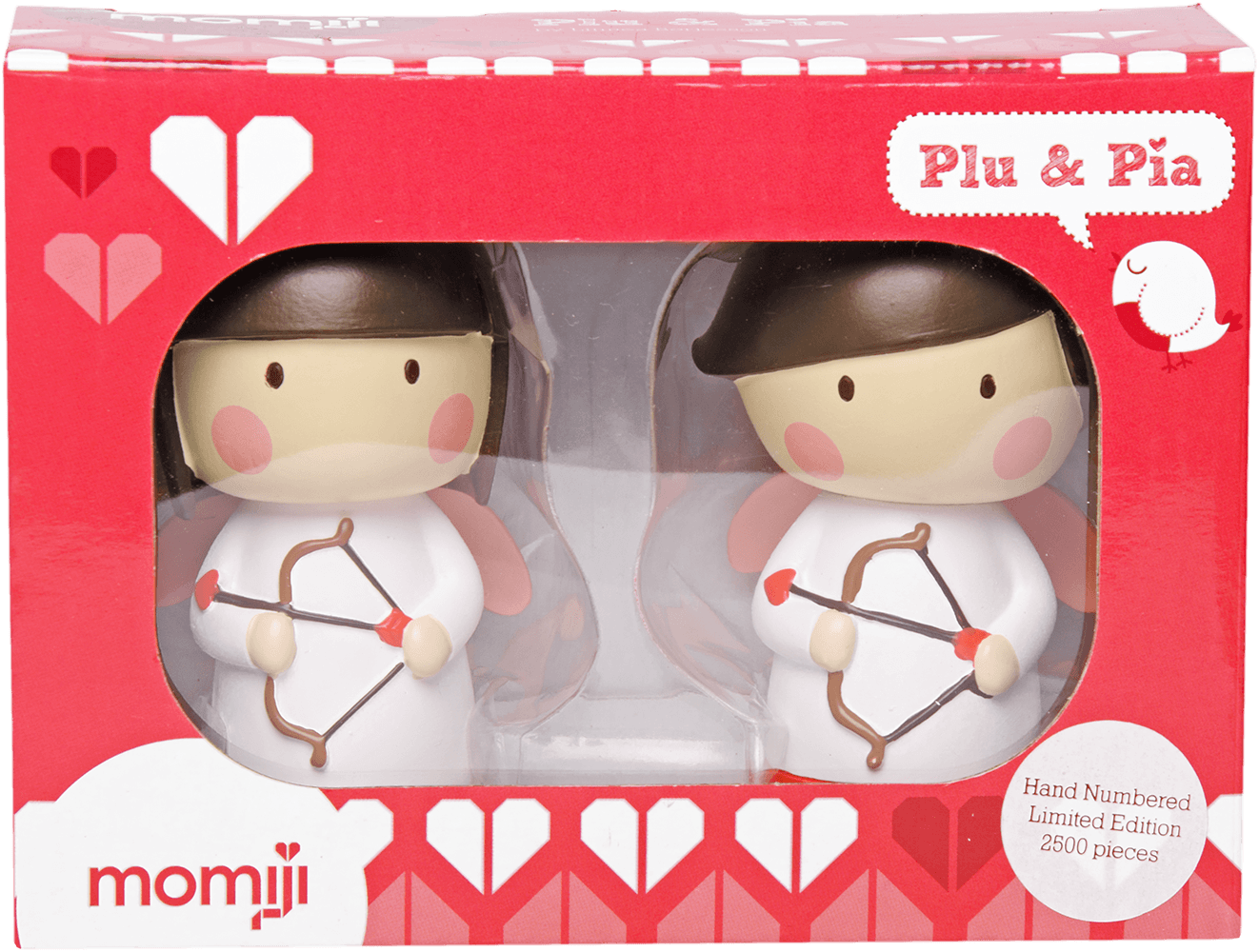 Limited edition Plu & Pia Momiji dolls in a red box, each holding a heart-tipped bow; kawaii collectible character set. — Momiji Doll