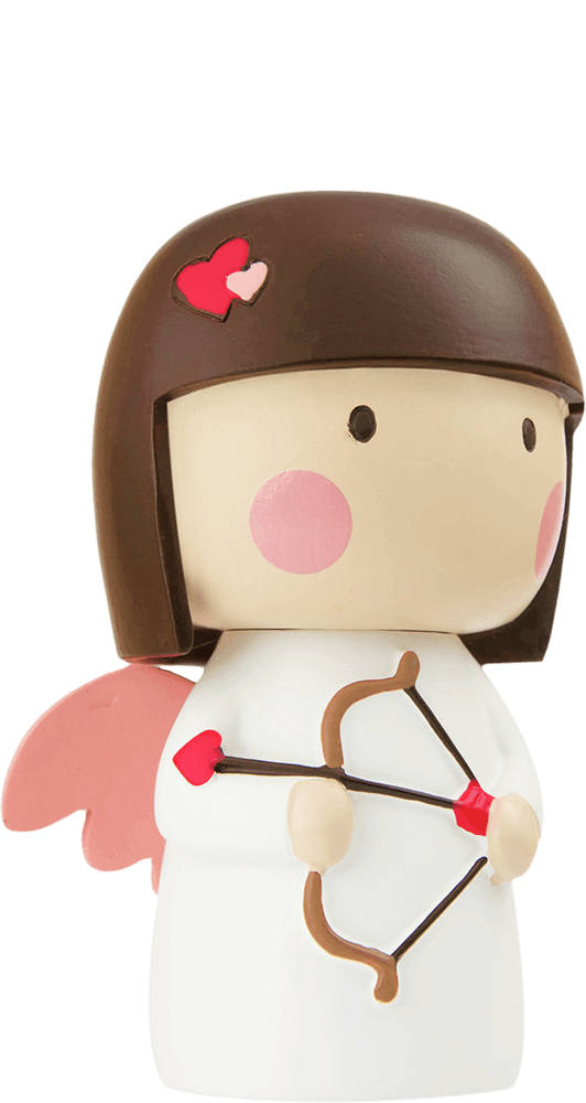 Plu & Pia Momiji doll with pink wings, a bow and heart arrow, pink hearts in brown hair; cute collectible character. — Momiji Doll