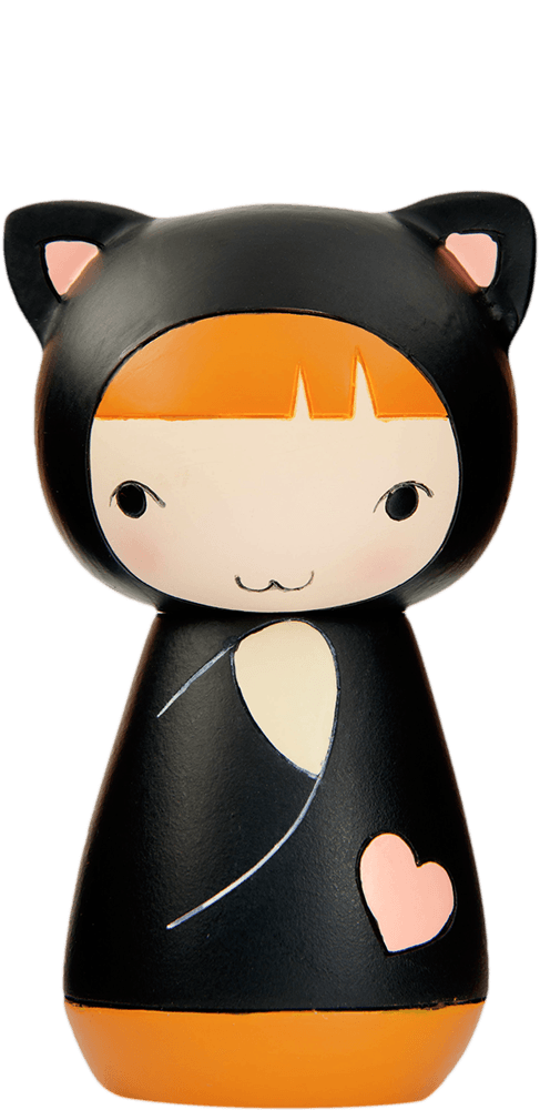 Kitty Momiji doll with orange hair, black cat outfit, pink cat ears, and a heart detail on its side. — Momiji Doll