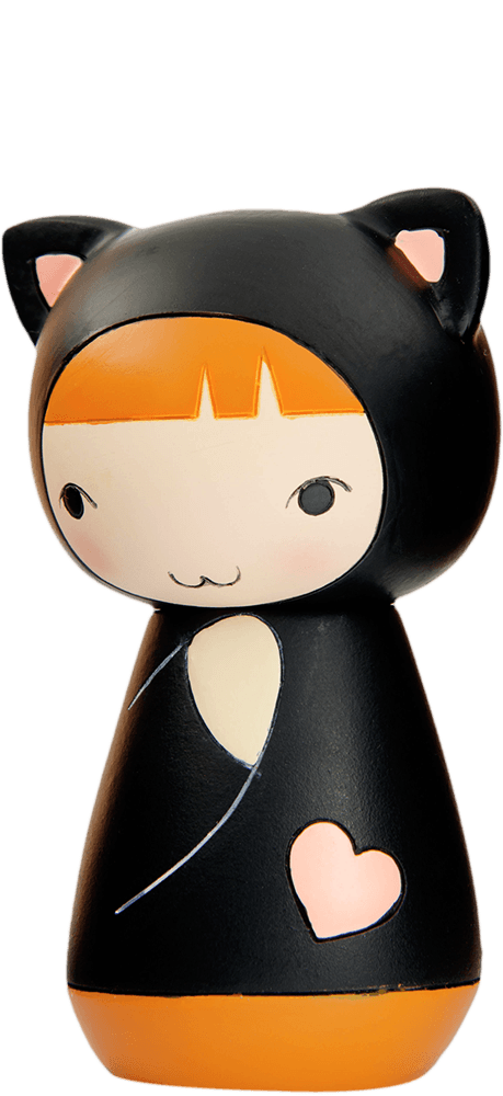 Kitty Momiji doll with orange hair, black cat costume, pink ears, and a pink heart detail. Collectible and adorable design. — Momiji Doll