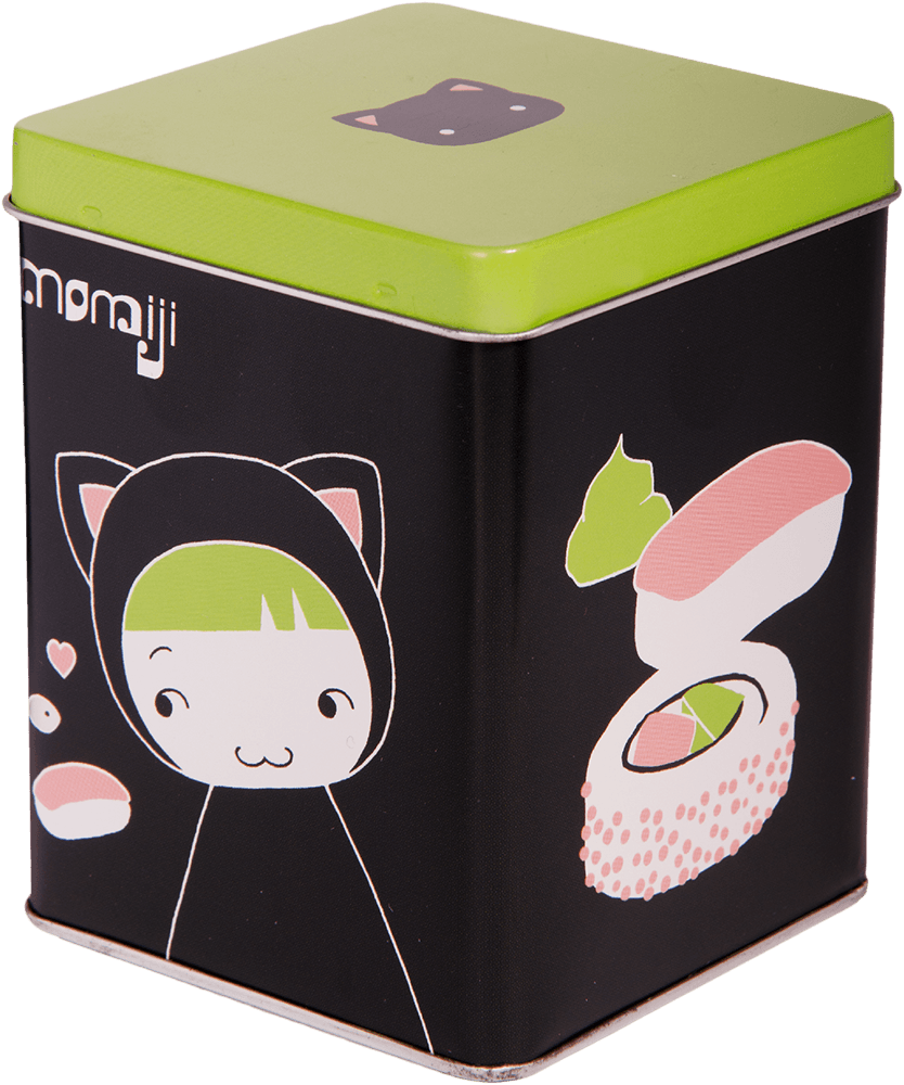 A black and green Kitty tin featuring cartoon sushi and a cat-eared Momiji doll; a kawaii collectible with hidden message. — Momiji Doll