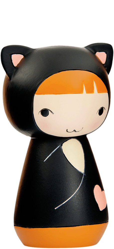 Momiji doll with bright orange hair, black cat costume, pointy ears, and a pink heart detail on the outfit. — Momiji Doll