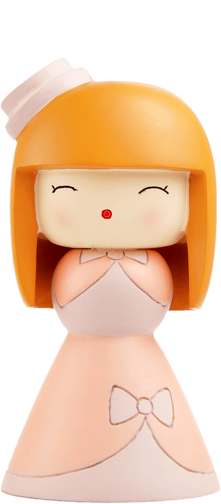 Lolita Momiji doll with orange hair, pink dress, tiny hat, closed eyes and sweet smile, hands clasped in front. — Momiji Doll