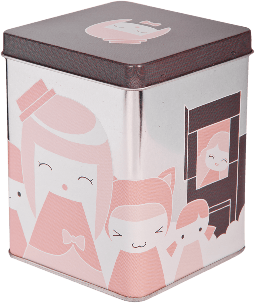 A square tin named Lolita displays pink Momiji doll characters and window art on its sides and lid. — Momiji Doll