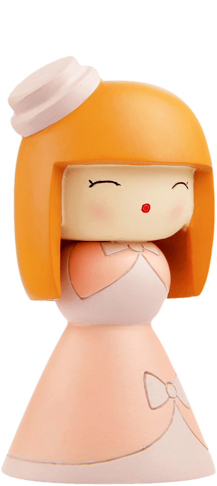 Lolita Momiji doll with orange hair, white hat, pink dress, and a sweet closed-eye smile. — Momiji Doll