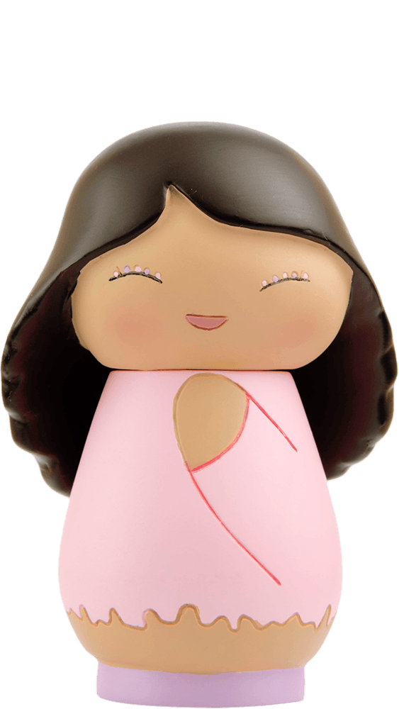 Kogal Momiji doll with brown hair, pink dress, closed eyes, and rosy cheeks; collectible character with hidden message. — Momiji Doll