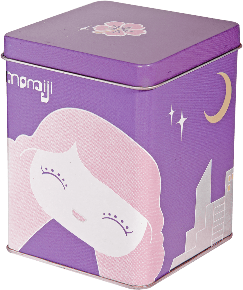 Kogal Momiji doll purple tin box with kawaii face, cityscape, stars, moon, and flower—cute collectible inspired by Tokyo style. — Momiji Doll
