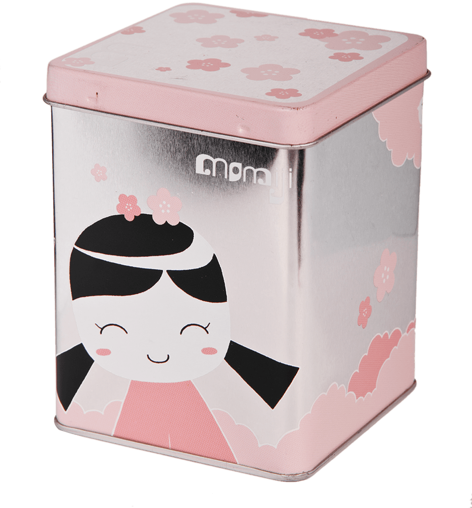 Sakura tin box in pink and silver featuring a kawaii Momiji doll character with flowers; perfect for gifting. — Momiji Doll