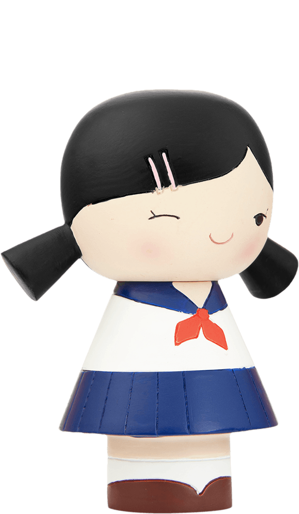Sakura Momiji doll with pigtails, winking, in blue and white sailor uniform and red scarf. Kawaii collectible resin character. — Momiji Doll