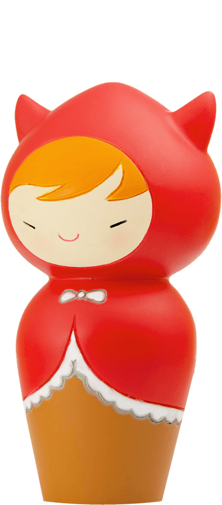Ruby Momiji doll with cat ears, orange hair, a red hooded cape, white bow, and a sweet smile. Collectible character figure. — Momiji Doll