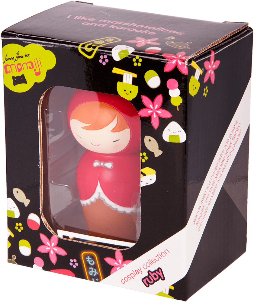 Ruby Momiji doll from the Cosplay Collection in a floral-accented box, wearing a cute red hood and holding a secret message. — Momiji Doll