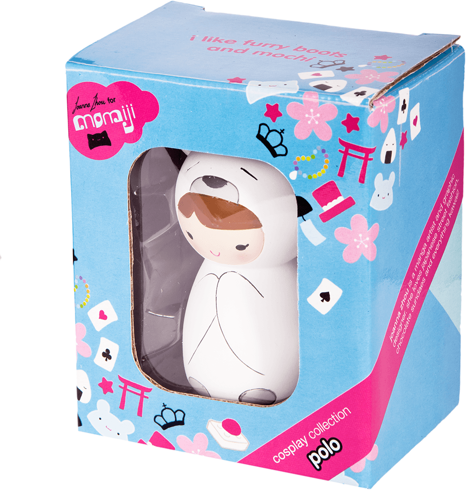 Polo Momiji doll dressed as a cute panda, wearing blue and pink, displayed in patterned blue and pink cosplay collection packaging. — Momiji Doll