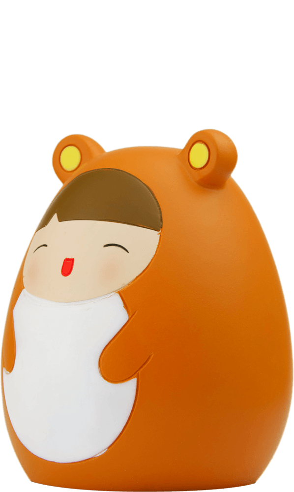 Donut Momiji doll: orange, egg-shaped, with bear ears, a smiling face, and a white oval on its belly. — Momiji Doll