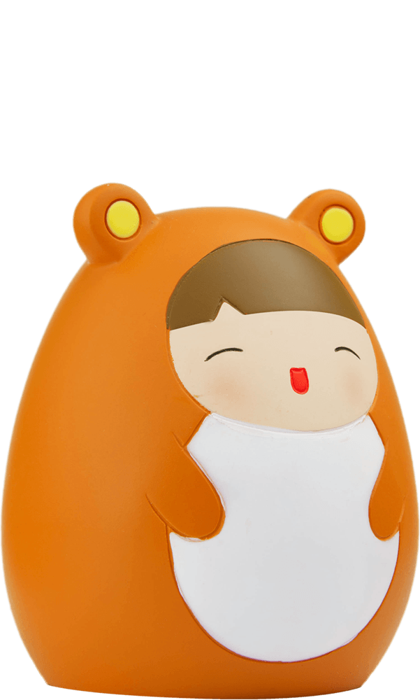 Momiji doll Donut wears an orange bear costume, with a happy face and closed eyes; cute and collectible. — Momiji Doll