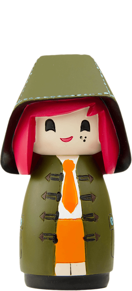 Mabel Momiji doll has pink hair, a green hooded coat, orange tie, and a bright cheerful smile; cute collectible character. — Momiji Doll
