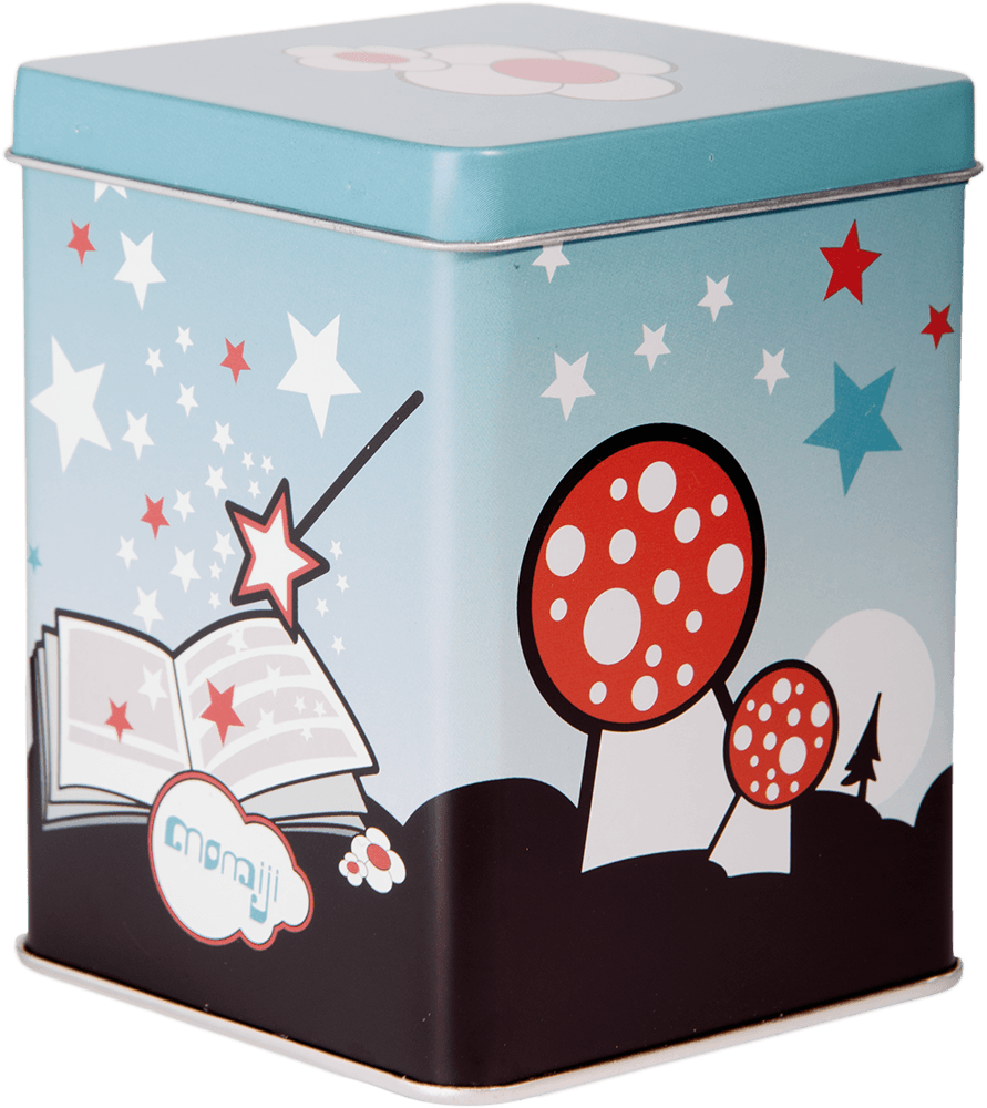 Mabel Momiji doll tin box: red mushrooms, yellow stars, open book, and magic wand on blue and black background. — Momiji Doll