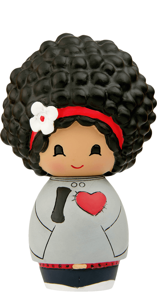 Mika Momiji doll with curly hair, red headband, white flower, and gray shirt featuring a red heart. — Momiji Doll