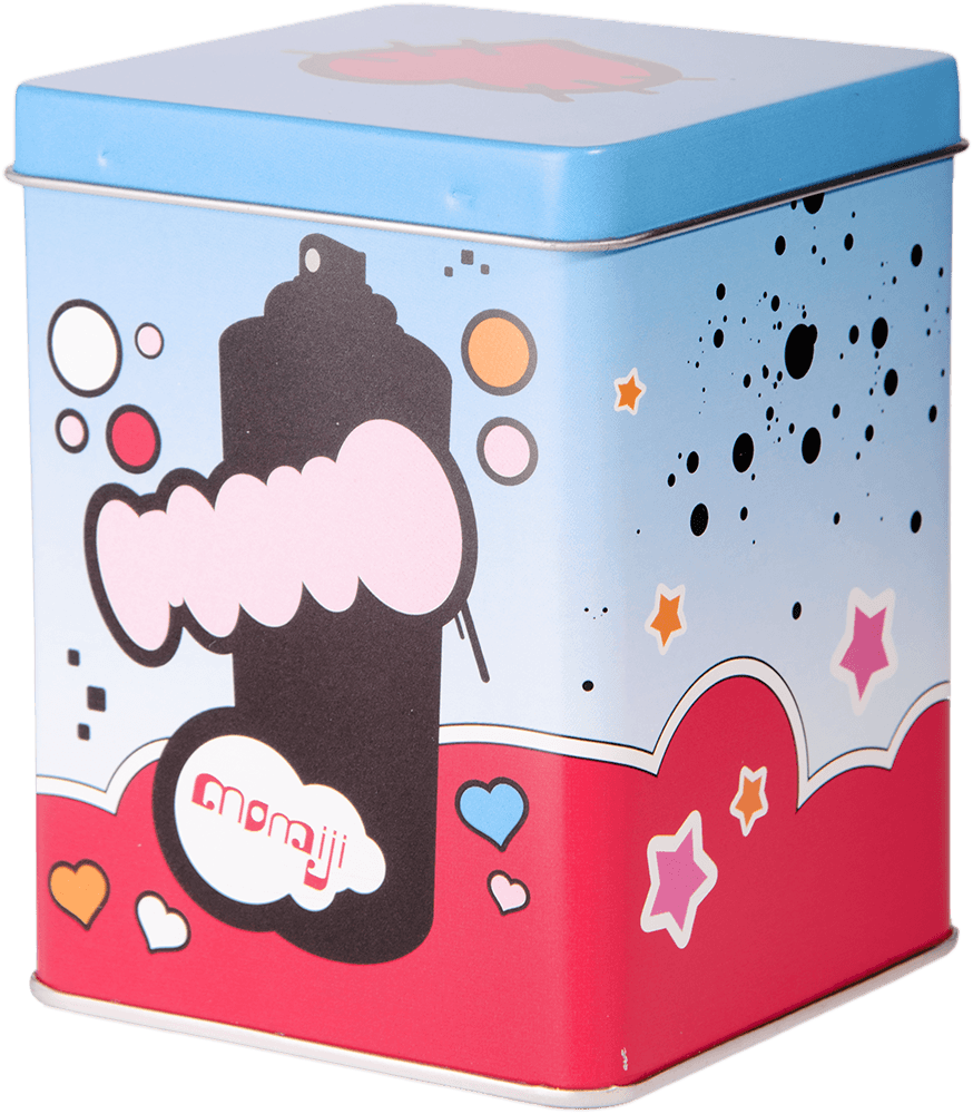 A Mika Momiji doll tin box with cute cartoon art, stars, hearts, pastel colors, and "Momiji" logo on the front. — Momiji Doll