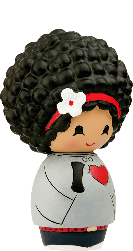 Mika Momiji doll with curly black hair, red headband, white flower, gray outfit and red heart—kawaii collectible character. — Momiji Doll