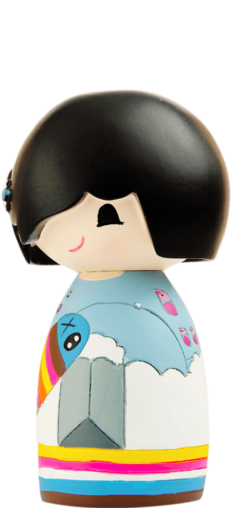 Sonny Momiji doll with a black bob and a pastel dress decorated with clouds and birds, inspired by cute street style. — Momiji Doll