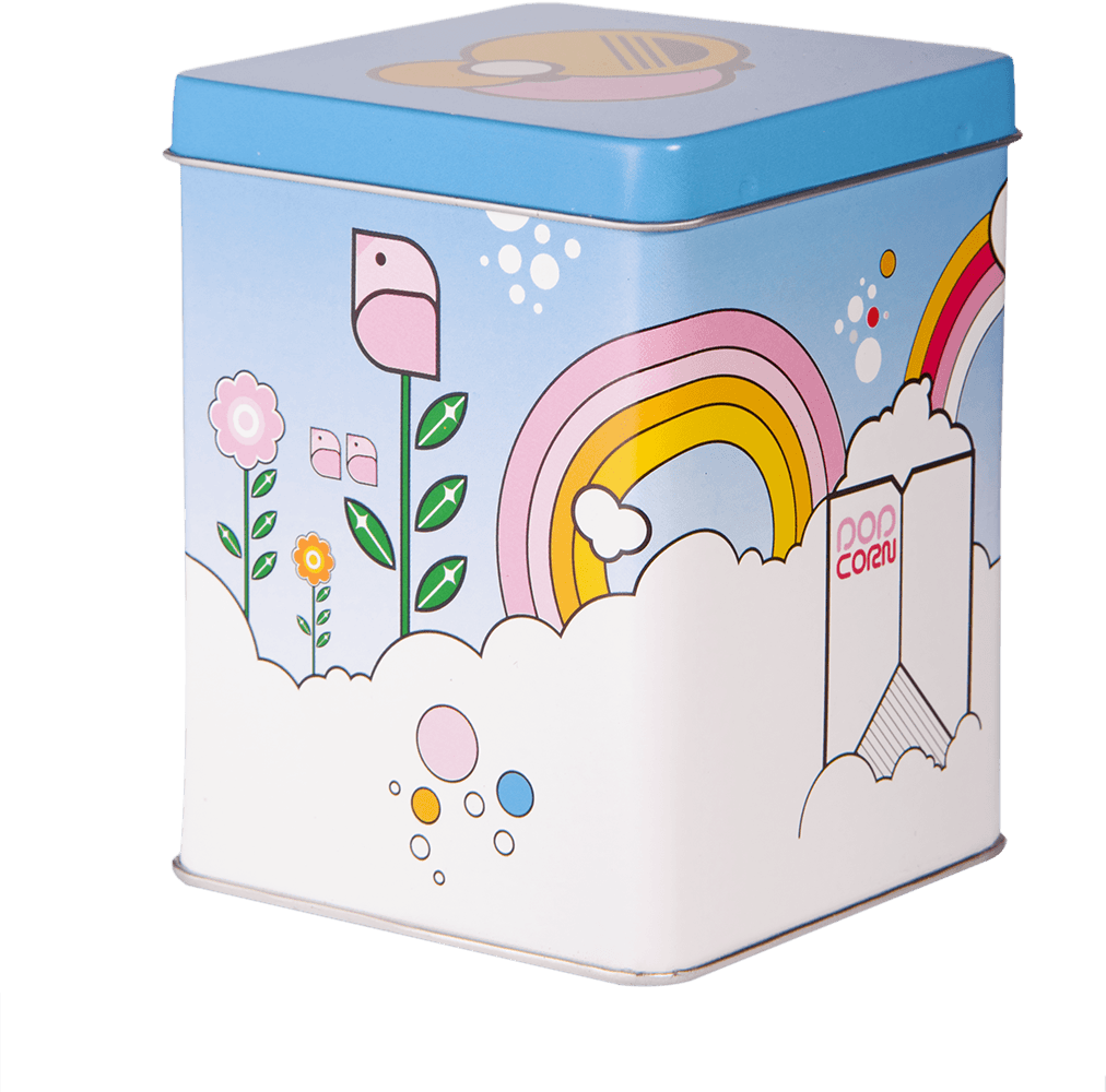 Pastel blue and white tin box with rainbows, clouds, flowers, "Sonny" text; features cute Momiji doll character. — Momiji Doll