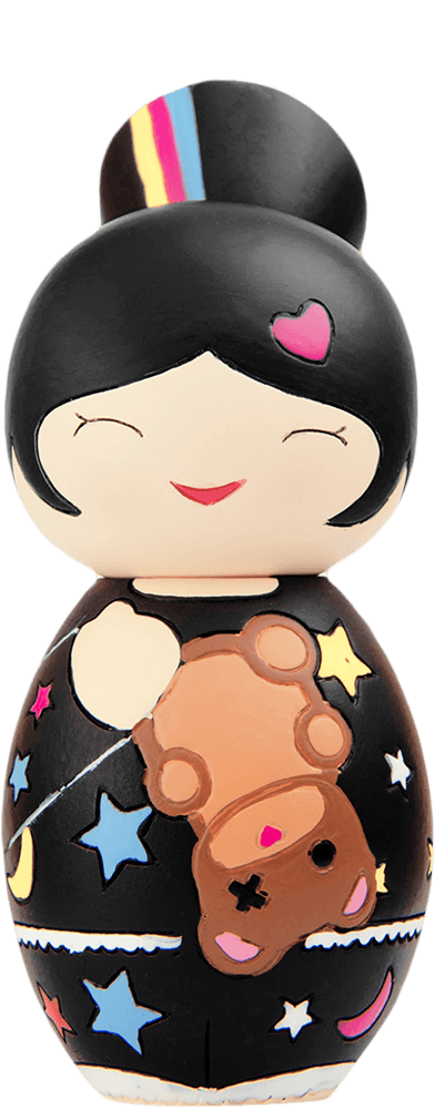 Nani Momiji doll with a heart on its head holds a teddy bear, dressed in a star-filled, colorful outfit. — Momiji Doll