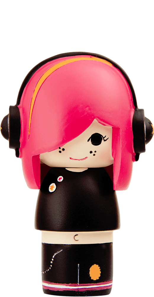 Luca Momiji doll with pink hair, black outfit, side-swept fringe, and headphones. Kawaii collectible with secret message inside. — Momiji Doll