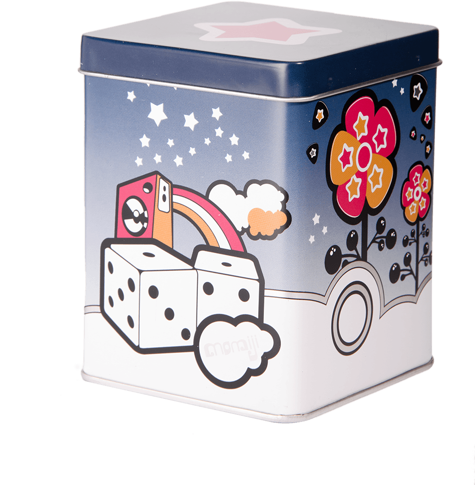 Luca Momiji doll tin box with kawaii dice, rainbow, stars, clouds & flowers on a blue-white gradient background. — Momiji Doll