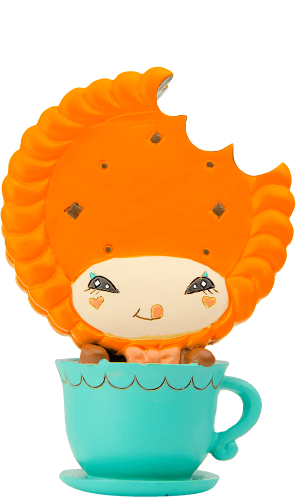 Dippy-D Momiji doll with orange cookie head, heart eyes, smiling in a turquoise teacup. Collectible character from Momiji. — Momiji Doll