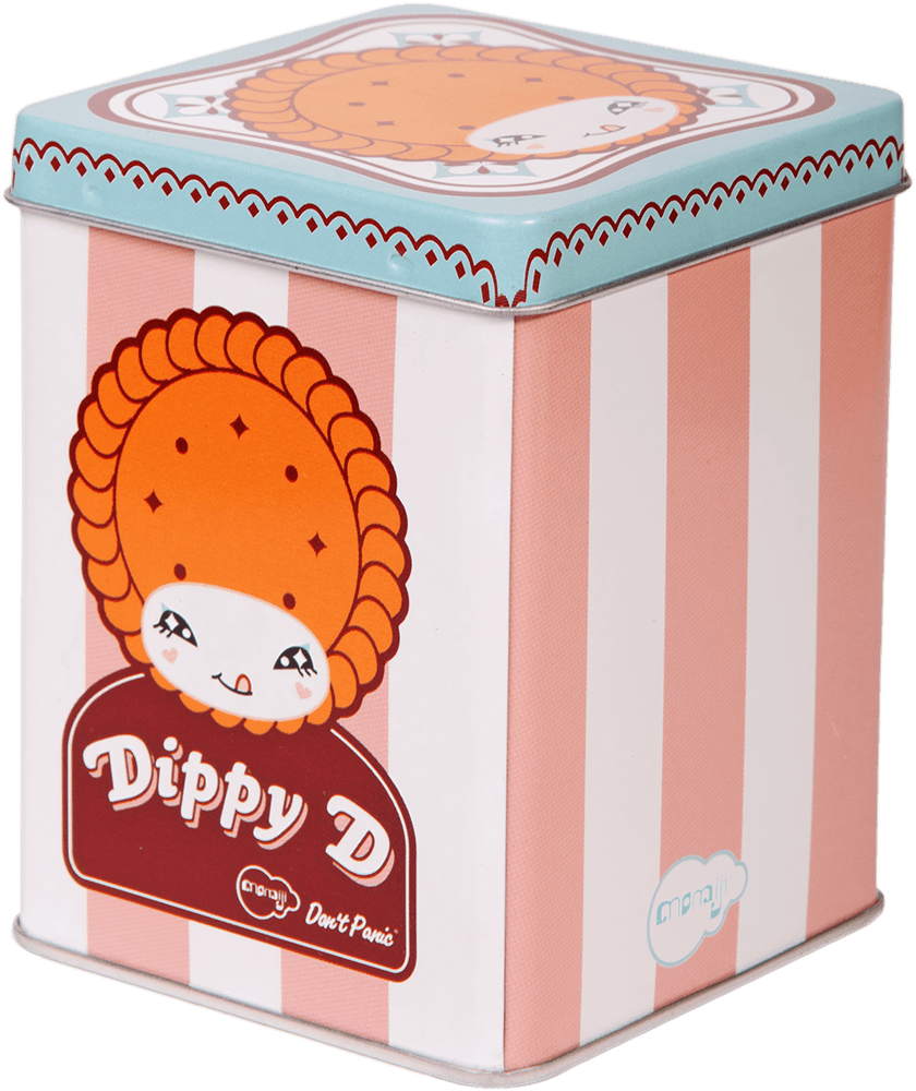 Square tin with pink and white stripes featuring Dippy-D Momiji doll, a cute collectible character, on the front. — Momiji Doll