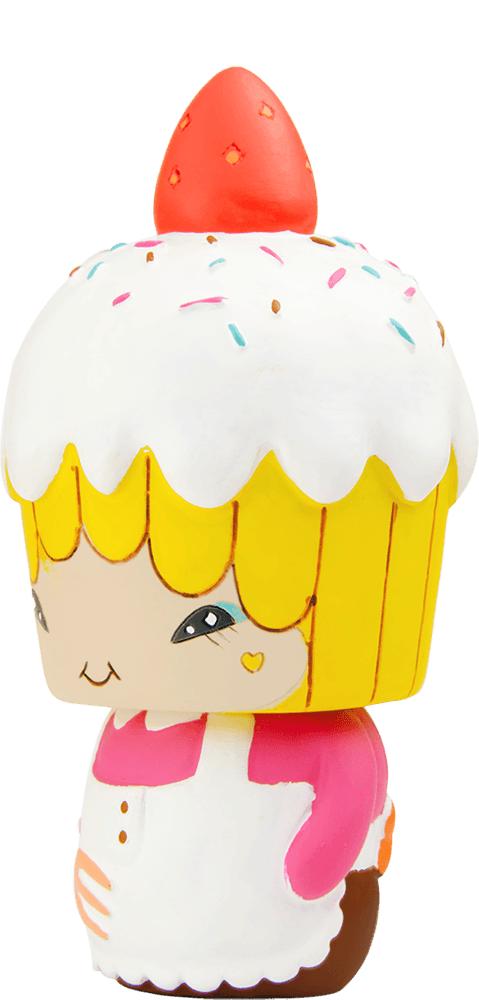 Bakey-C Momiji doll with strawberry, yellow frosting-like hair, a pink and white outfit, and a secret message inside. — Momiji Doll