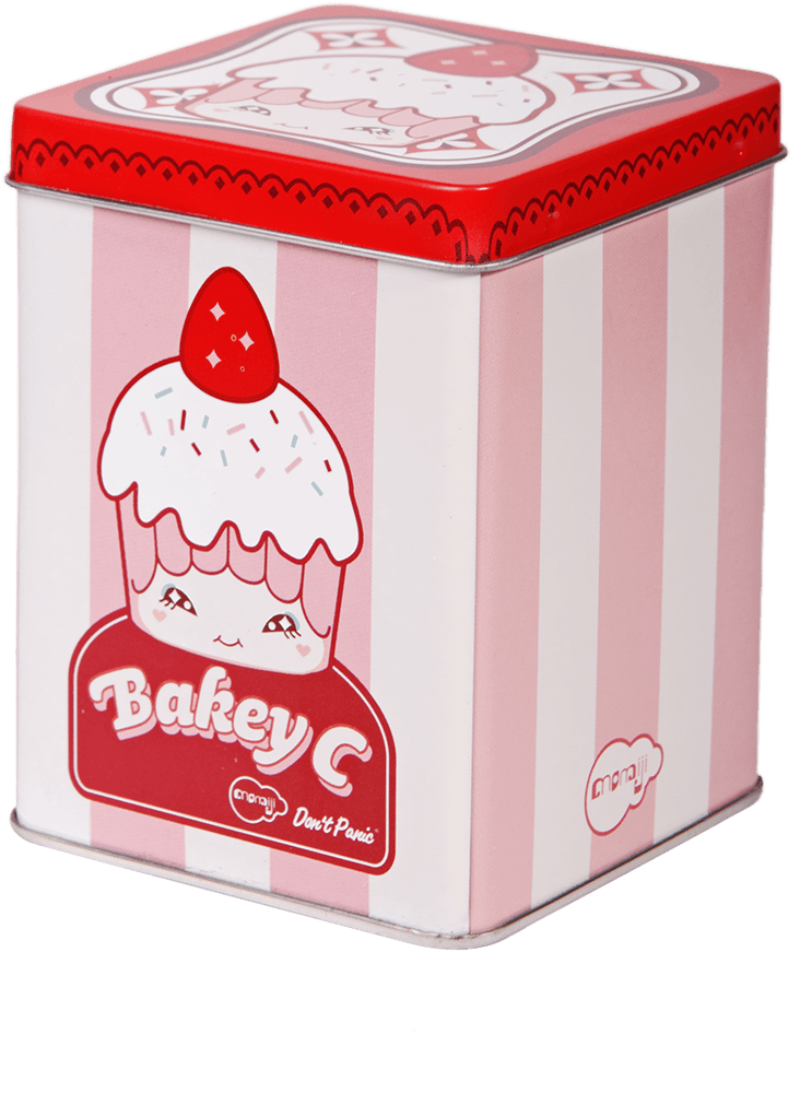 Bakey-C Momiji doll collectible tin in pink and white stripes with a cupcake illustration on the front. — Momiji Doll