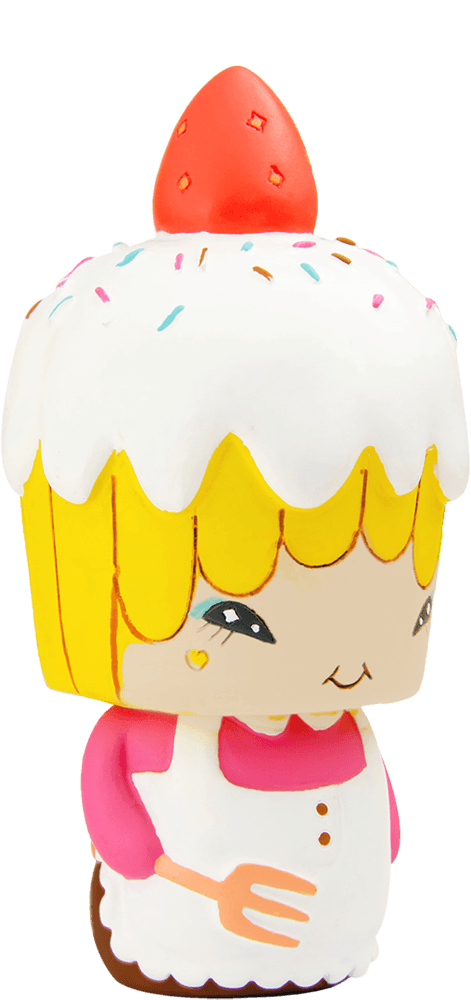 Bakey-C Momiji doll with a cupcake head, yellow hair, white apron, and a strawberry on top; secret message hidden inside. — Momiji Doll