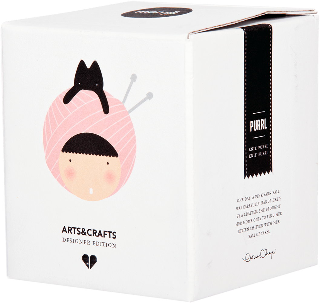 Purrl Momiji doll: kawaii white box body, girl’s head wrapped in pink yarn, knitting needles peeking out. — Momiji Doll